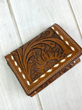 Tri-Fold Sunflower Leather Tooled Western Wallet