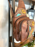 Sunflower Southwest Leather Tooled Sling Bag