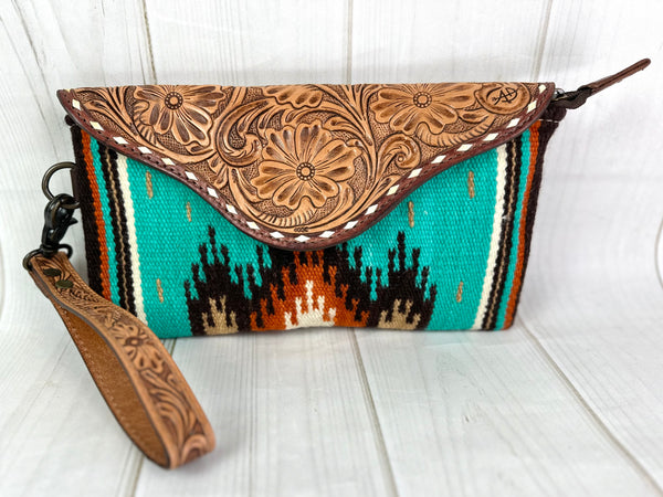 Turquoise Wool Patterned Leather Tooled Clutch Wristlet