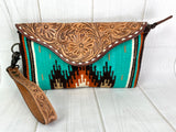 Turquoise Wool Patterned Leather Tooled Clutch Wristlet