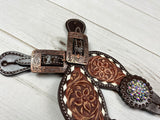 Leather Floral Tooled Buckstitch Spur Straps with Rhinestone Conchos