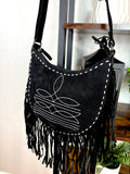 Retro Stitch Western Suede Fringe Hobo Purse