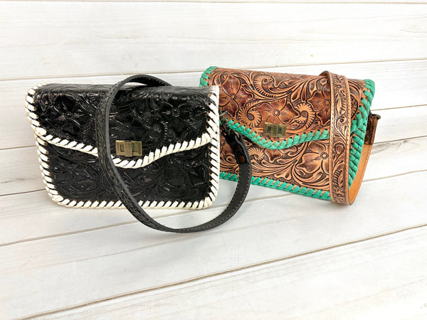 Braided Leather Border Pill Box Crossbody Western Leather Handbag