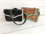 Braided Leather Border Pill Box Crossbody Western Leather Handbag