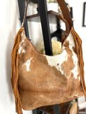 Ranch Tan Cowhide Hobo Fringe Tooled Purse