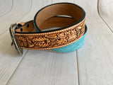 Teal Suede and Leather Tooled Western Belt