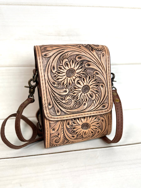 Flower Leather Tooled Cellphone Small Western Crossbody Bag