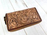 Large Leather Floral Tooled Zipper Wallet