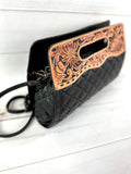 Western Black Quilted Leather Tooled Handle Bag - Clutch