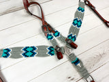 Grey and Turquoise Corded Cotton and Leather Tack Set