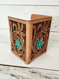 Blue Floral Tooled Tri-Fold Leather Western Wallet