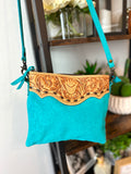 Turquoise Suede Brocade Medium Leather Tooled & Buckstitch Purse