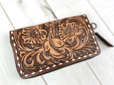 Dark Brown Floral Tooled Leather Buckstitch Zipper Wallet and Wristlet