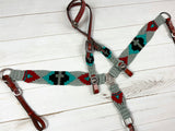 Grey, Red, Turquoise Cross Corded Cotton and Leather Tack Set