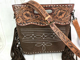 Brown Suede Vintage Stitch and Leather Crossbody Clutch Purse