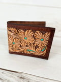 Turquoise Dotted Floral Tooled Leather Western Wallet