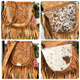 Tan Floral Tooled Leather Saddle Bag Style Fringe Handbag