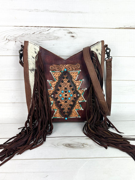 Brown Cowhide Leather Tooled Diamond Crossbody Bag