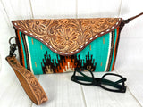 Turquoise Wool Patterned Leather Tooled Clutch Wristlet