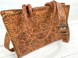 Floral Tooled Braided Border Structured Crossbody Purse