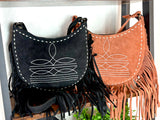 Retro Stitch Western Suede Fringe Hobo Purse