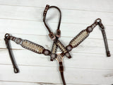 Cowhide on Dark Leather Tack Set with Buckstitch and Crystal Conchos