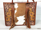 Prescott Cowhide Leather Tote with Tooled Painted Sunflowers