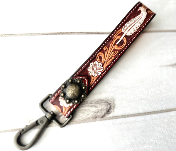 Feather Tooled Wristlet Leather Keychain