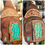 Turquoise and Brown Leather Tooled Sling Bag