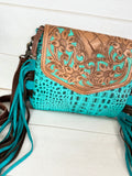 Turquoise Gator Duo Fringe Leather Tooled Handbag