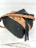 Western Black Quilted Leather Tooled Bucket Crossbody Purse