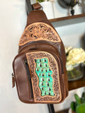 Turquoise and Brown Leather Tooled Sling Bag