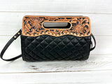 Western Black Quilted Leather Tooled Handle Bag - Clutch