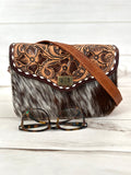 Western Leather Tooled and Cowhide Crossbody Envelope Style Bag