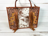 Prescott Cowhide Leather Tote with Tooled Painted Sunflowers