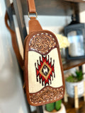 Leather and Wool Aztec Design Western Sling Bag