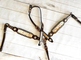 Cowhide on Dark Leather Tack Set with Buckstitch and Crystal Conchos