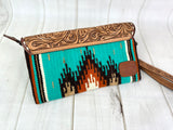 Turquoise Wool Patterned Leather Tooled Clutch Wristlet