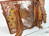 Prescott Cowhide Leather Tote with Tooled Painted Sunflowers