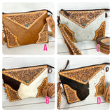 Cowhide and Tooled Leather Wristlet Crossbody Combo Bag