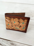 Turquoise Dotted Floral Tooled Leather Western Wallet
