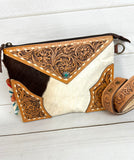 Cowhide and Tooled Leather Wristlet Crossbody Combo Bag