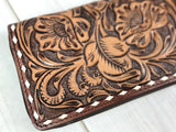 Dark Brown Floral Tooled Leather Buckstitch Zipper Wallet and Wristlet