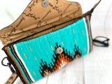 Turquoise Wool Patterned Leather Tooled Clutch Wristlet