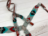 Grey, Red, Turquoise Cross Corded Cotton and Leather Tack Set