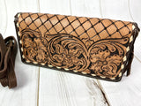 Rustic Lattice and Floral Tooled Leather Wallet Organizer Carryall