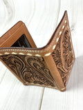 Tri-Fold Sunflower Leather Tooled Western Wallet