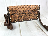 Rustic Lattice and Floral Tooled Leather Wallet Organizer Carryall