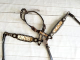 Cowhide on Dark Leather Tack Set with Buckstitch and Crystal Conchos