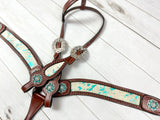 White Cowhide and Leather Tack Set with Turquoise Splatter